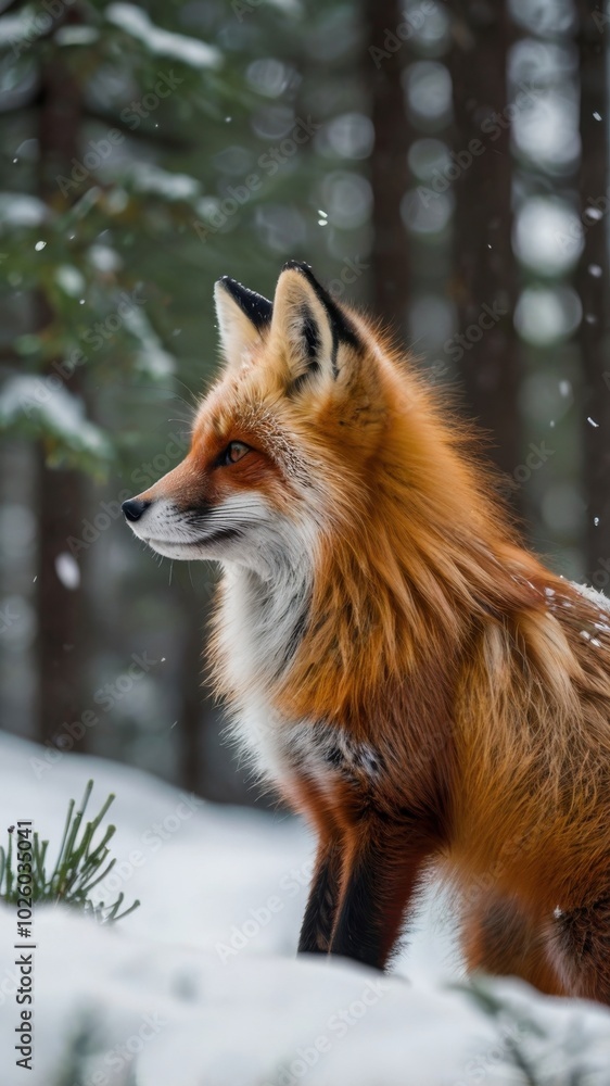 Obraz premium Red Fox in Winter Wonderland: A majestic red fox with a piercing gaze, sits in a snowy forest, surrounded by evergreens, capturing the essence of winter's beauty and the fox's wild spirit. 