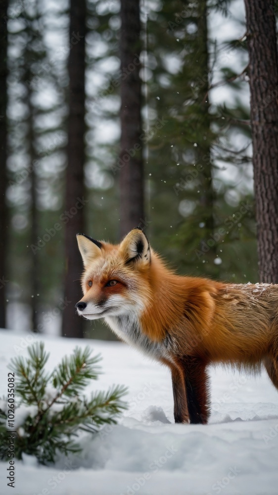 Obraz premium Red Fox in Winter Wonderland: A solitary red fox, with its coat shimmering in the soft snowfall, stands alert in a tranquil winter forest, captivating with its wild beauty and enigmatic gaze.