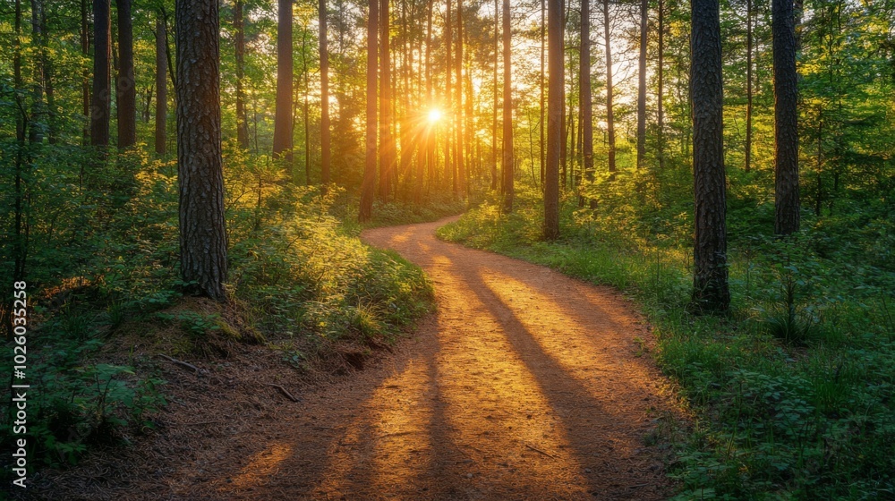 Fototapeta premium Sunlit Path Winding Through a Dense Forest