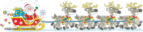 Santa Claus with holiday gifts riding in his magic sleigh with a team of flying reindeers on a snowy night before Christmas, vector cartoon illustration isolated on a white background