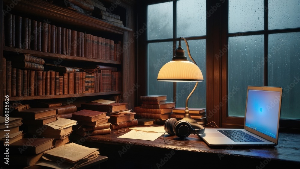 Cozy Study Nook: Laptop, Books, and Lamp in a Rustic Library Setting Cozy Study Nook: Laptop, Books, and Lamp in a Rustic Library Setting