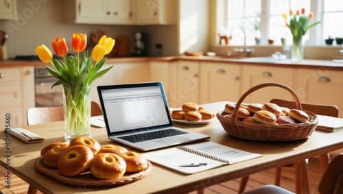 Home Bakery Business Planning: Laptop, pastries, and tulips on kitchen table  photo