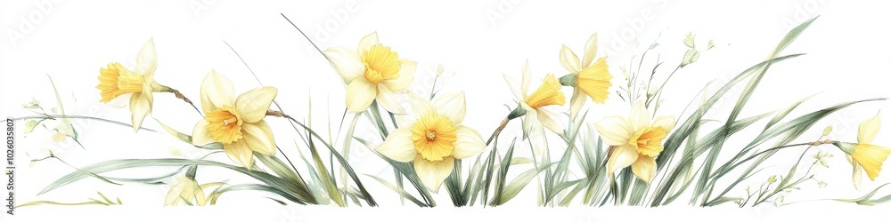 Elegant watercolor daffodils in full bloom, showcasing delicate yellow petals and lush green leaves. Elegant watercolor daffodils in full bloom, showcasing delicate yellow petals and lush green leaves.