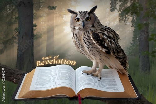 Wallpaper Mural A wise old owl standing over a Bible, The Book of Revelation softly glowing in the air above the book  Torontodigital.ca