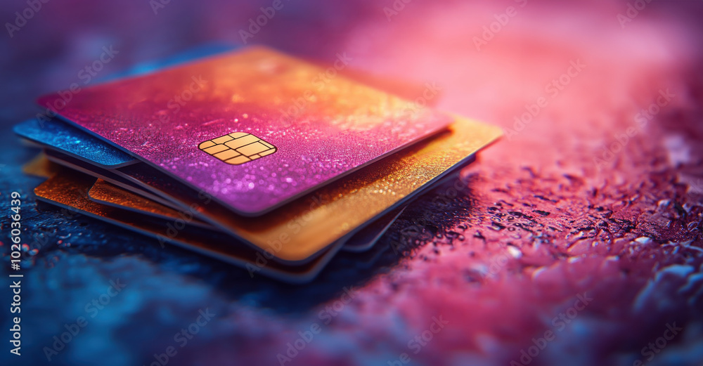 Colorful credit cards stacked on a vibrant surface with a soft glow Colorful credit cards stacked on a vibrant surface with a soft glow