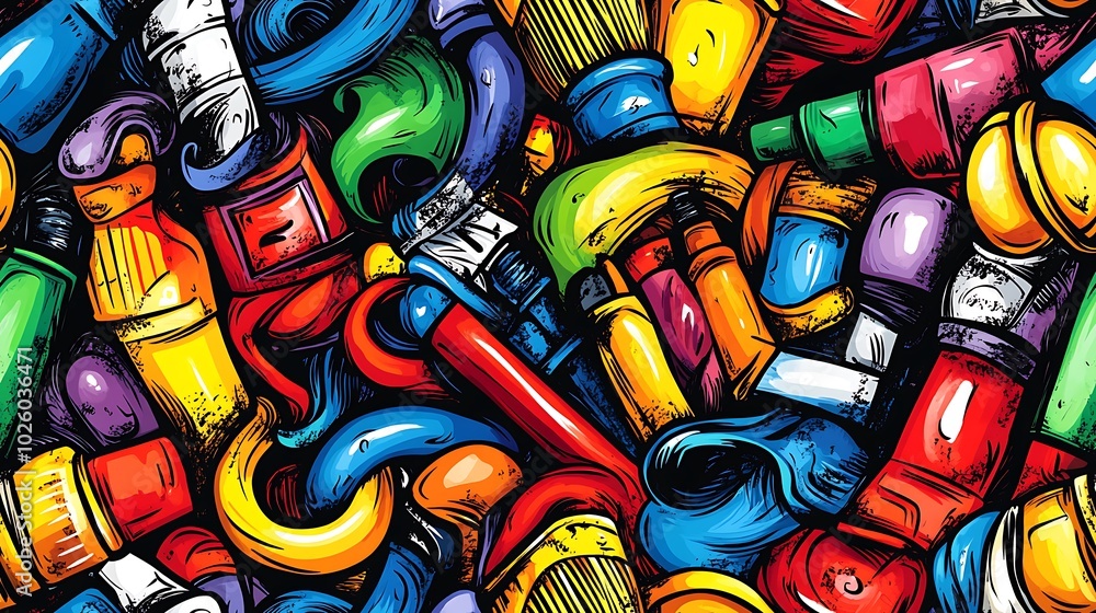 A vibrant artistic-themed doodle pattern filled with paintbrushes, paint palettes, and watercolor splashes, surrounded by colorful paint tubes, swirling strokes, and abstract shapes, A vibrant artistic-themed doodle pattern filled with paintbrushes, paint palettes, and watercolor splashes, surrounded by colorful paint tubes, swirling strokes, and abstract shapes,