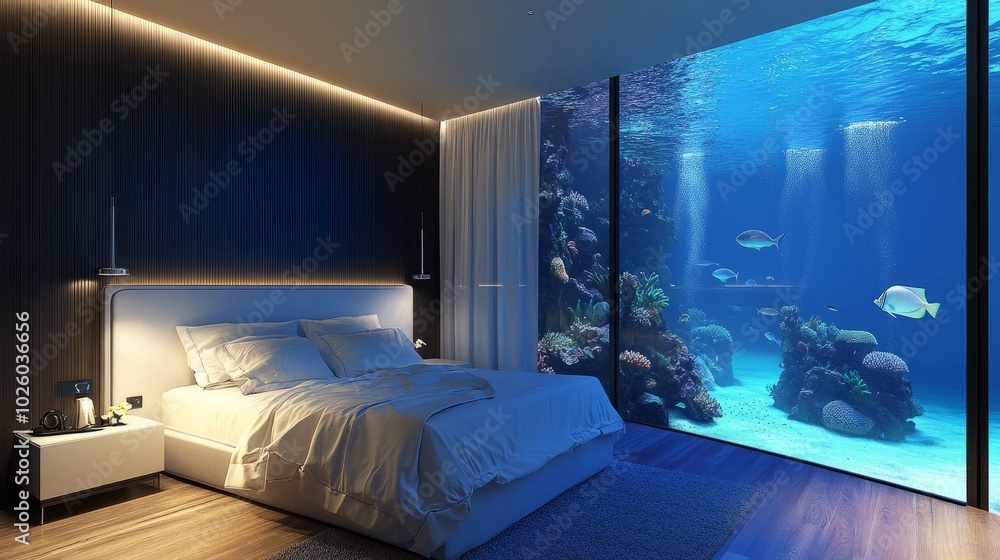 Spacious bedroom with an aquarium along the wall, adding soft lighting and gentle fish movements for relaxation Spacious bedroom with an aquarium along the wall, adding soft lighting and gentle fish movements for relaxation