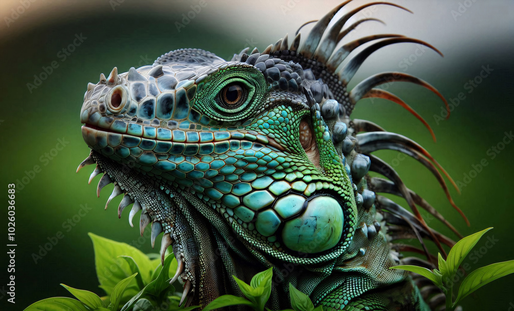 Fototapeta premium Leguan Portrait in natürlicher Umgebung, grün, close-up und copy space