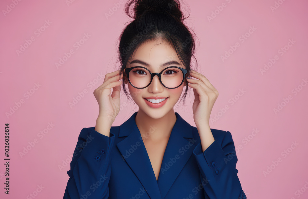 young Japanese woman in business attire stands with confidence against a pastel pink background, her posture and expression emphasizing a balance of professionalism. young Japanese woman in business attire stands with confidence against a pastel pink background, her posture and expression emphasizing a balance of professionalism.