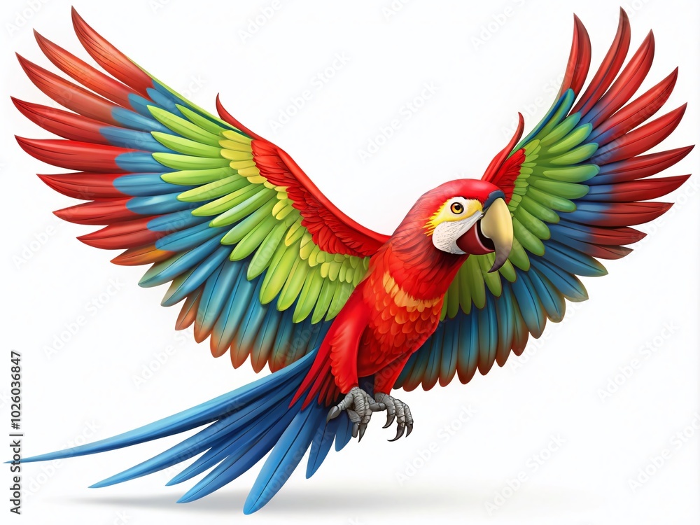 Fototapeta premium Vibrant Red and Green Macaw Flying - Cartoon Style Flat Vector Illustration for Nature and Wildlife Themes
