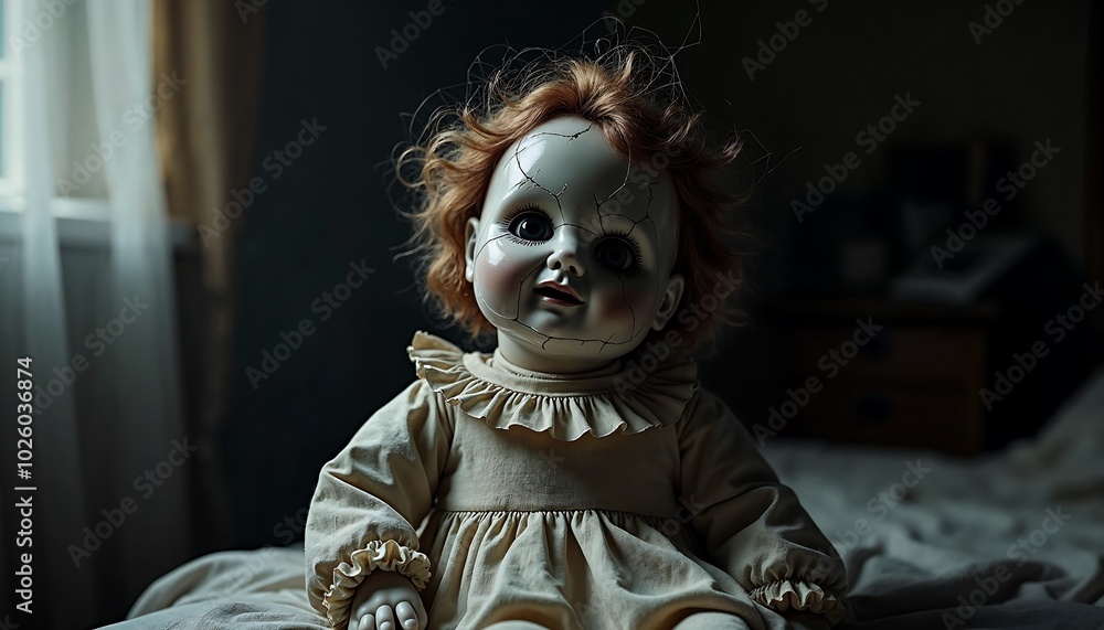 A cracked, old-fashioned doll with one eye missing, sitting in a dimly lit room with spider webs A cracked, old-fashioned doll with one eye missing, sitting in a dimly lit room with spider webs
