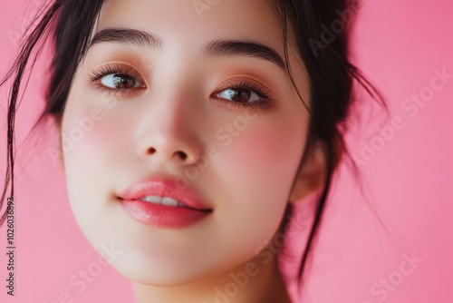 An Asian woman poses with impeccable skin against a pastel pink backdrop, reflecting skincare excellence and elegance in a commercial context.