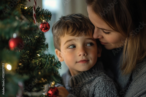 Generative AI image of mother father child couple family together by decorated Christmas tree holiday celebration themes