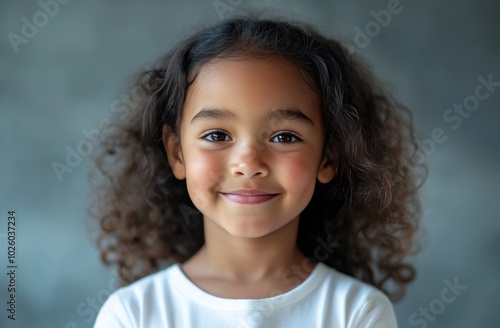 The bright smile and confident stance of a young black girl in a white t-shirt against a white backdrop make this image perfect for inclusivity and childhood happiness promotions.