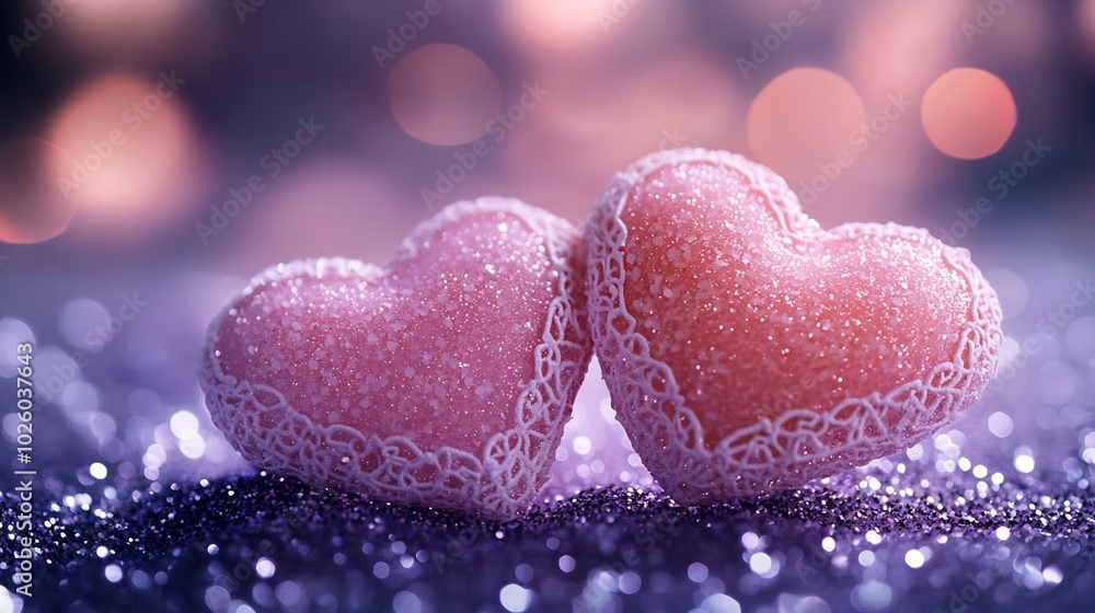 Two soft pink hearts delicate lace trim rest on a shimmering purple glitter background surrounded by sparkling specks A romantic Valentine's Day scene full of elegance and charm Two soft pink hearts delicate lace trim rest on a shimmering purple glitter background surrounded by sparkling specks A romantic Valentine's Day scene full of elegance and charm