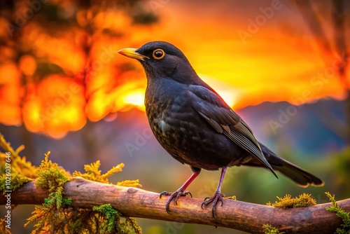 Silhouette of Eurasian Blackbird Perched on a Branch in an English Forest at Sunset