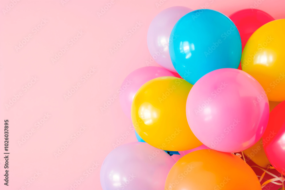 Bunch of bright balloons on a colored background. Copy space. Concept of holidays, birthday, party Bunch of bright balloons on a colored background. Copy space. Concept of holidays, birthday, party