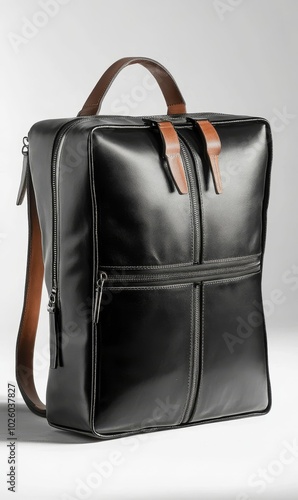 Black leather bag with brown handle.