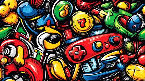 A vibrant doodle pattern with pixelated video game characters, retro game controllers, and arcade tokens, with bright neon accents and pixel art style, nostalgic and playful, hd quality, photo