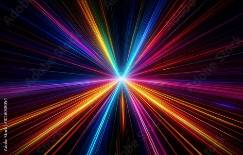 Abstract background with colorful streaks of light converging in the center.