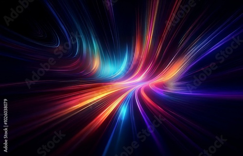 A dark background with streaks of glowing blue, red, orange, and yellow light creating a dynamic abstract pattern.