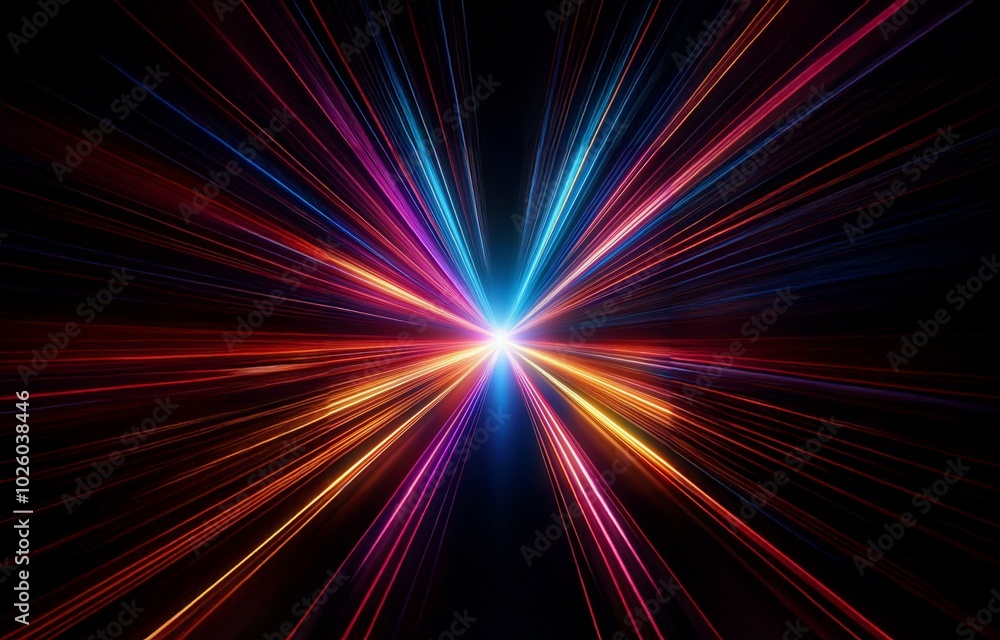 Abstract, radial, colorful lines converge at a bright point in the center against a black background. Abstract, radial, colorful lines converge at a bright point in the center against a black background.