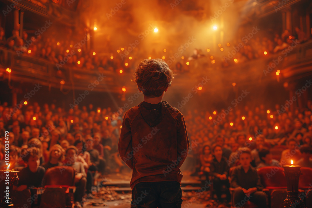 Designed with generative ai rear view photo of a beautiful talented boy standing on a stage with illumination Designed with generative ai rear view photo of a beautiful talented boy standing on a stage with illumination