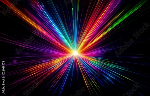 A vibrant burst of color radiates outward from a central white point, creating a dynamic and energetic abstract design.