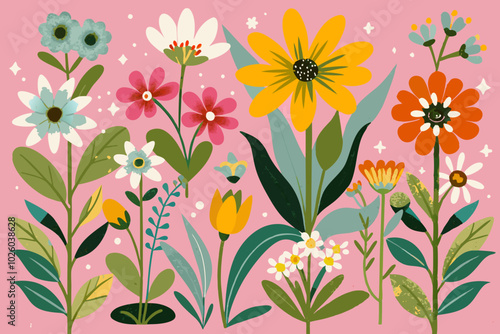 Vibrant Assortment of Illustrated Spring Flowers on Pastel Background