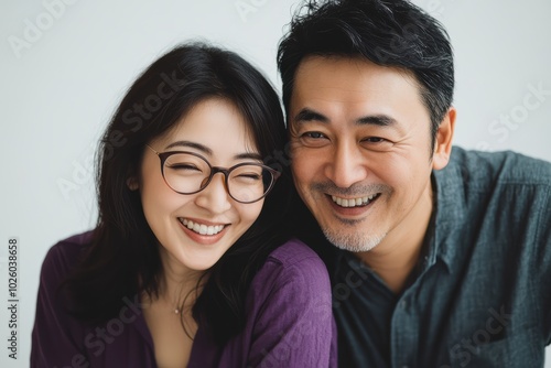 a couple dressed in matching purple on a white background with above view shot. Their posture symbolize unity, harmony, making it a heartwarming depiction of a lasting relationship.