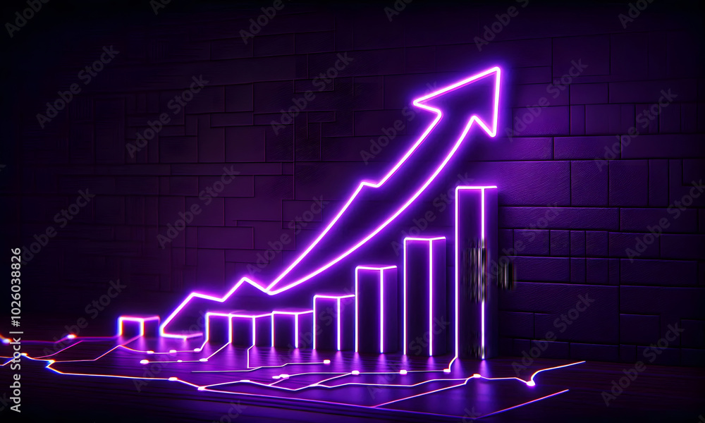 Neon-Licht , lila, beleuchteter Pfeil nach oben, Aufstig, Business, copy space Neon-Licht , lila, beleuchteter Pfeil nach oben, Aufstig, Business, copy space