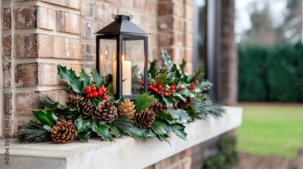 Fototapeta premium This charming Christmas lantern, adorned with pine cones and holly berries, adds a festive touch to the decor on a table in front of a rustic brick wall