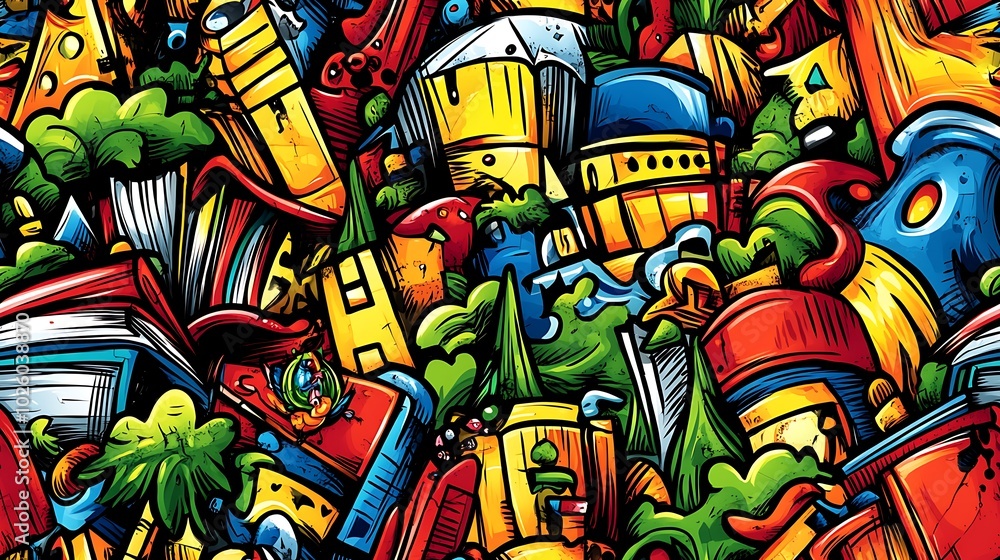 custom made wallpaper toronto digitalA vibrant fantasy land doodle pattern showcasing whimsical castles, magical forests, and enchanted objects like flying books, magic scrolls, and glowing lanterns,