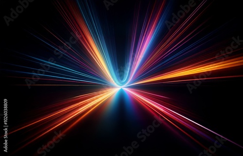 Abstract streaks of light in various colors converge in a V-shape on a black background.