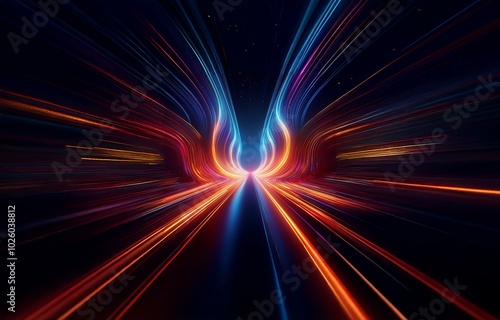 Abstract digital art of a swirling neon tunnel with blurred light streaks, appearing as lines of red, orange, blue, and purple.