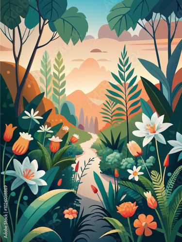 Enchanting Tropical Jungle Path at Sunset Illustration