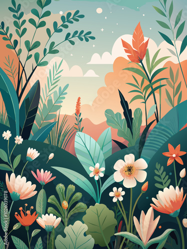 Enchanted Forest Scene with Lush Flora at Sunset