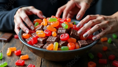 A bowl overflowing with Halloween treats like gummy worms, lollipops, and chocolate bars, with creepy hands reaching for it photo