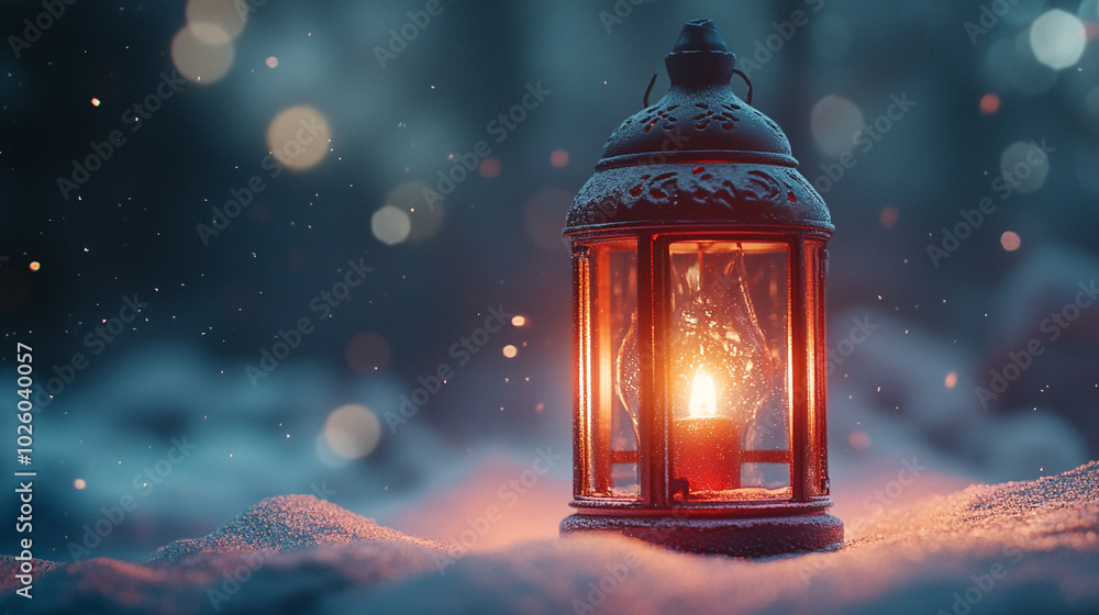 A glowing lantern brightens a snowy landscape on Christmas Eve A glowing lantern brightens a snowy landscape on Christmas Eve