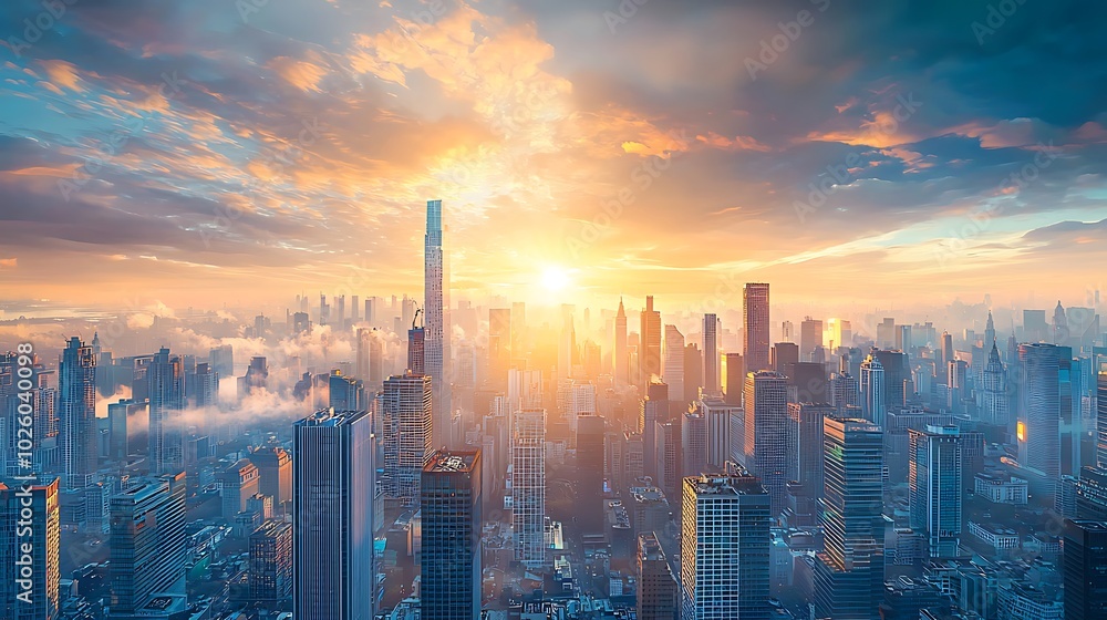 Fototapeta premium Stunning skyline at sunrise, with vibrant colors and clouds.