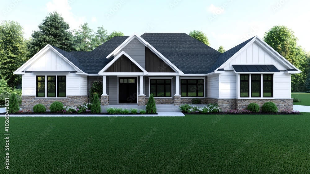 Obraz premium This beautifully designed modern farmhouse features an inviting front porch, stone accents, and a lush green lawn, creating a tranquil and appealing atmosphere