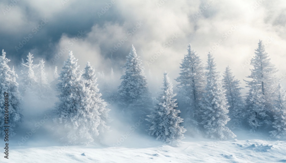 Fototapeta premium Snow-covered pine trees in a wintery forest.