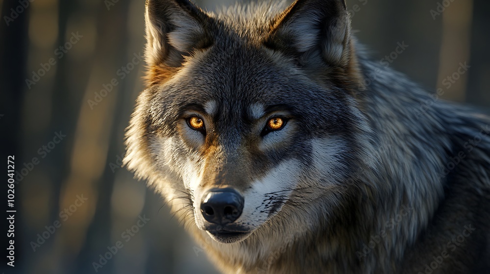 Fototapeta premium Wolf portrait, detailed fur, fierce gaze, natural habitat