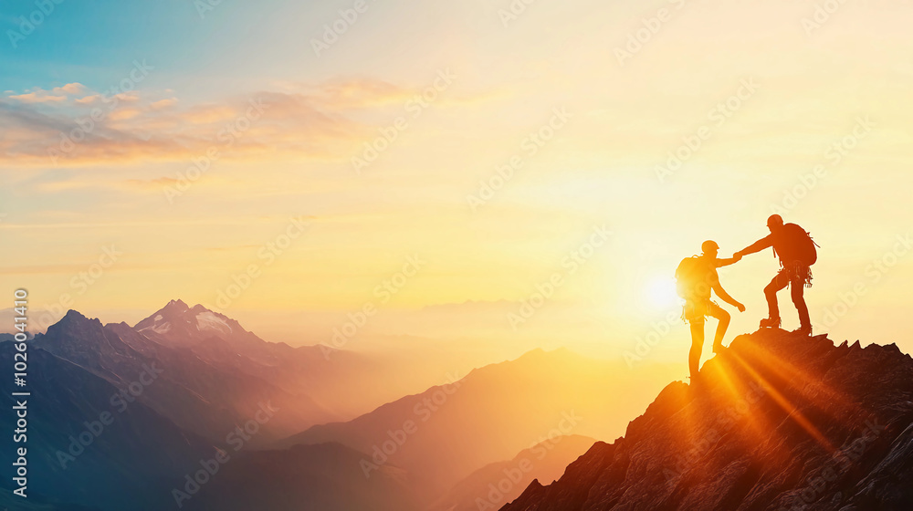Silhouettes of Climbers Helping Each Other on Mountain Peak at Sunset Silhouettes of Climbers Helping Each Other on Mountain Peak at Sunset