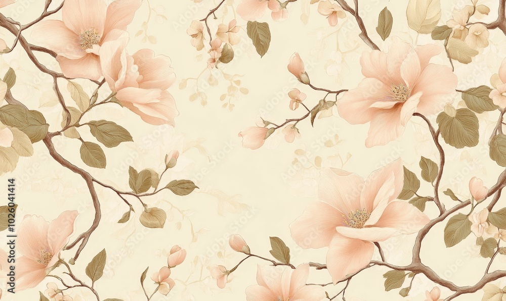 Fototapeta premium A beige floral pattern with pink flowers.
