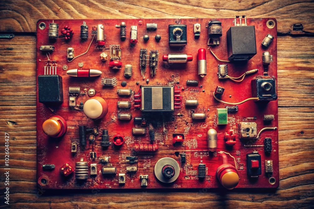 Fototapeta premium Vintage Style Electronic Printed Circuit Board in Red with Components - Top View Photography