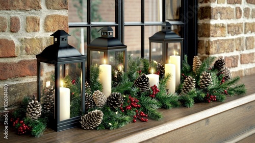 This charming Christmas lantern, adorned with pine cones and holly berries, adds a festive touch to the decor on a table in front of a rustic brick wall photo