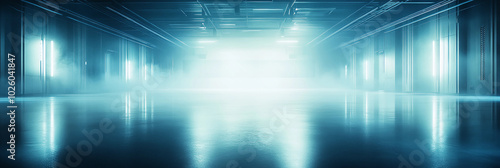 Futuristic Empty Hallway with Neon Lights, Fog, and Reflective Floor in a Sci-Fi Atmosphere