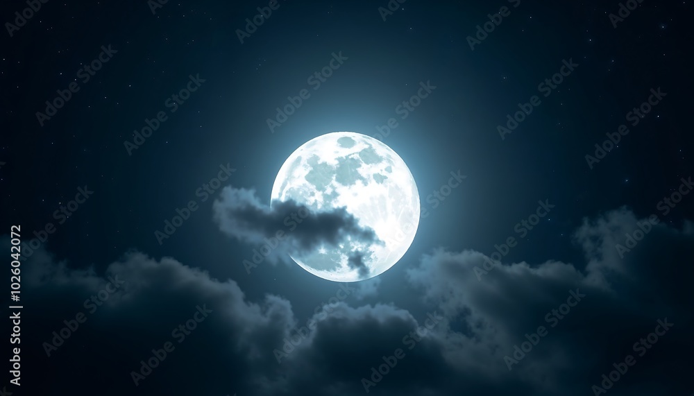 A bright, full moon glowing in a starry night sky with dark clouds drifting across it A bright, full moon glowing in a starry night sky with dark clouds drifting across it