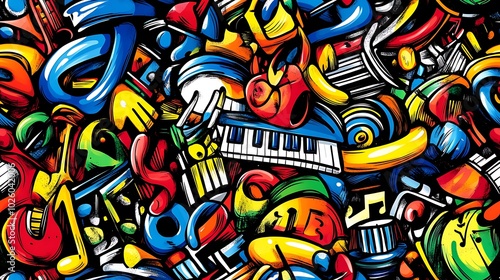 Wallpaper Mural A vibrant music-themed doodle pattern showcasing electric guitars, pianos, saxophones, and drums, surrounded by abstract sound waves, musical notes, and headphones, with a neon background, Torontodigital.ca